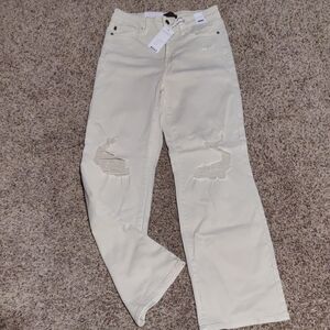 Judy Blue Tan High Rise Straight Leg Jeans With Knee Distressing.